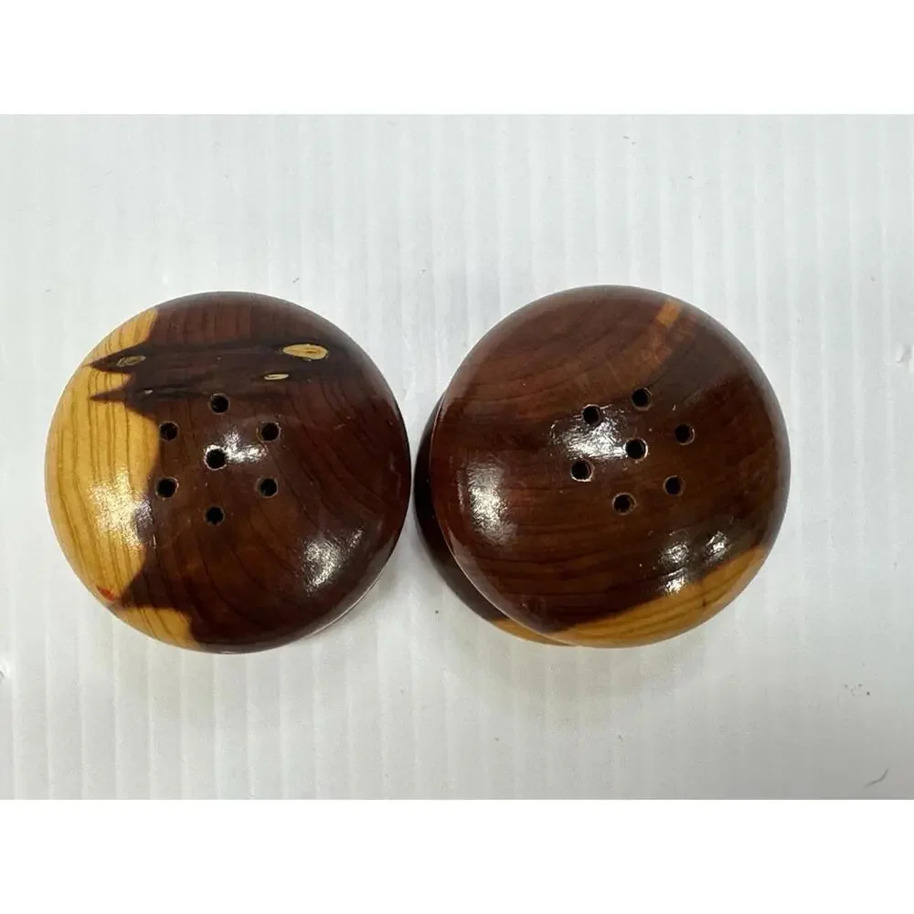 Vintage Souvenir Mid Century Mod Wood Mushroom Salt Pepper Shaker Lake George NY